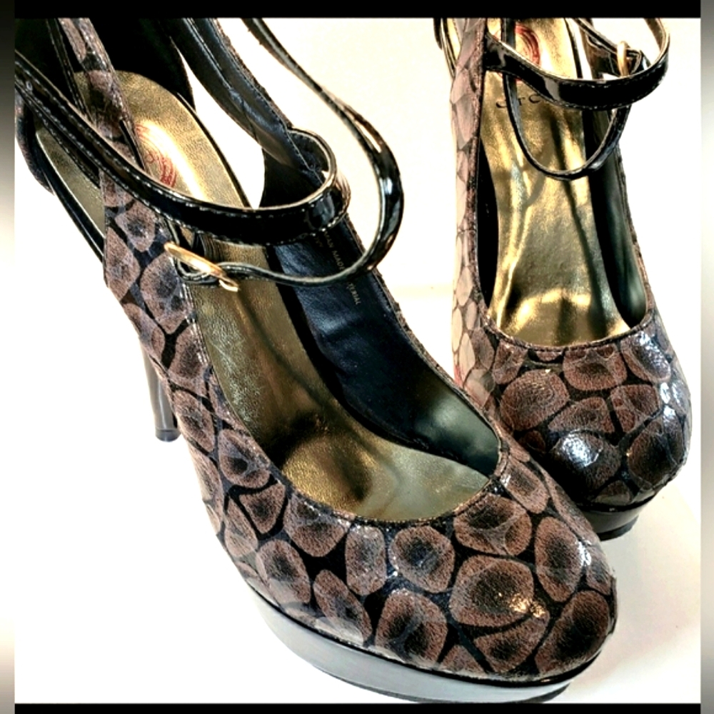 *RED CIRCLE Stiletto Platform High Heels, Black/Brown, Double Ankle Strap…